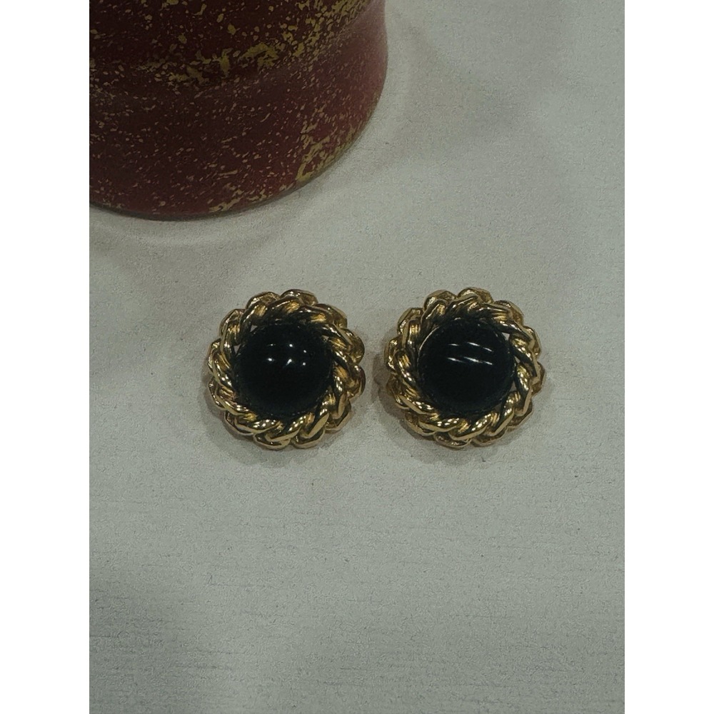 Christian Dior Gold Tone Black Cabochon Clip On Earrings Vintage Designer
